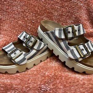 Woven Double-Buckle Platform Sandals in Cream and Black